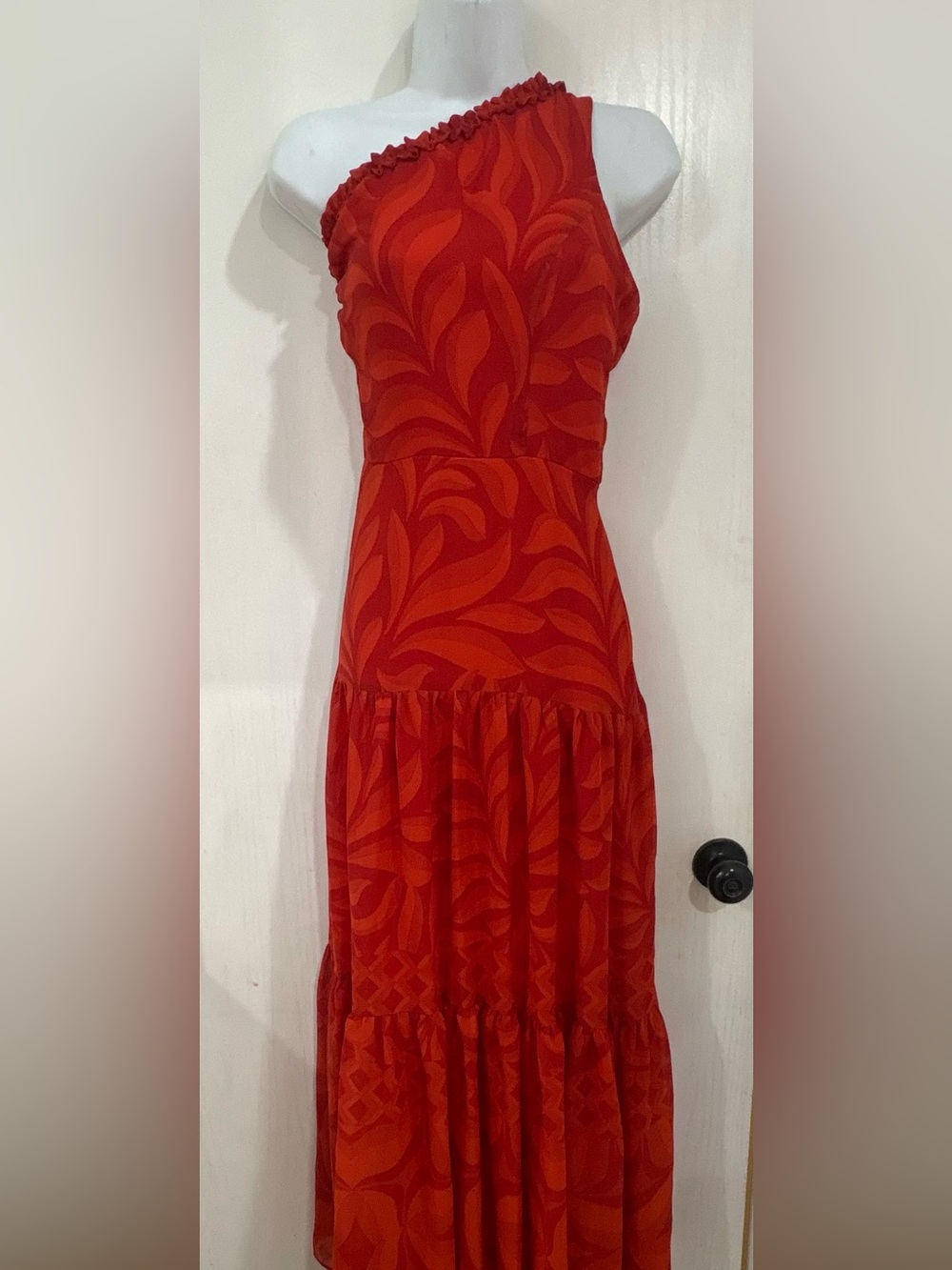 Beach resort bohemian tropical One-Shoulder Red Patterned Maxi Dress garden